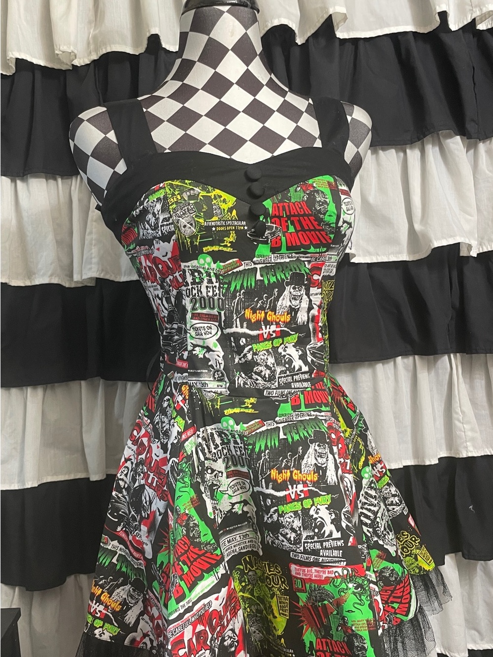Hell Bunny Black Graphic Monster Print Mini Dress with Red & Green Accents